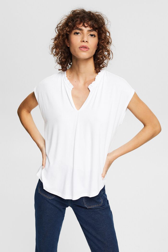 T-Shirt mit Rüschen-Details, LENZING™ ECOVERO™, WHITE, detail image number 0