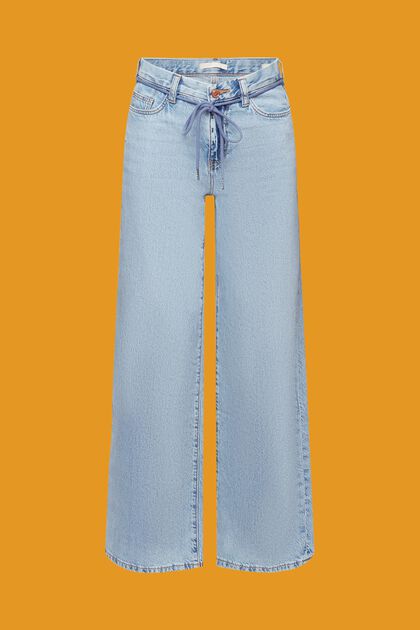 Jeans mit hohem Bund, weitem Bein und Schnürtel, BLUE LIGHT WASHED, overview