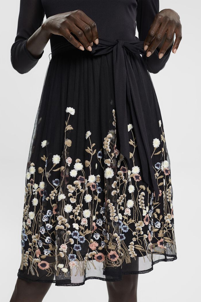 Mesh-Kleid mit Blüten-Stickerei, BLACK, detail image number 4