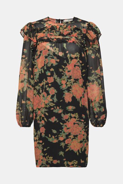 Chiffon-Kleid mit Muster, BLACK, overview