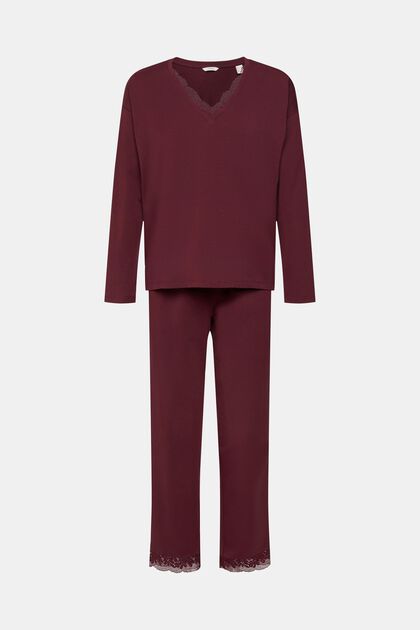 Pyjama-Set mit Spitzendetails, BORDEAUX RED, overview