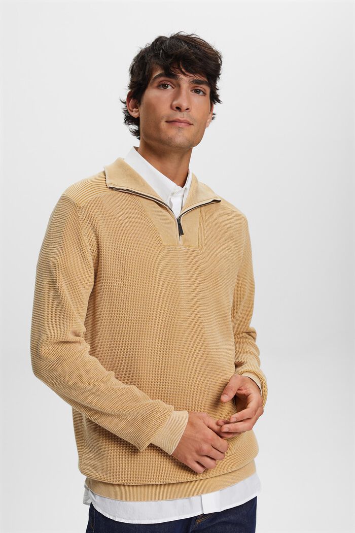 Pullover mit halbem Zipper, 100 % Baumwolle, BEIGE, detail image number 0